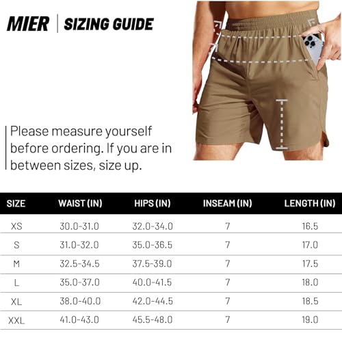 MIER Men's 7 inch Gym Shorts Quick Dry Running Workout Shorts with Pockets, Lightweight Athletic Shorts, Khaki, M