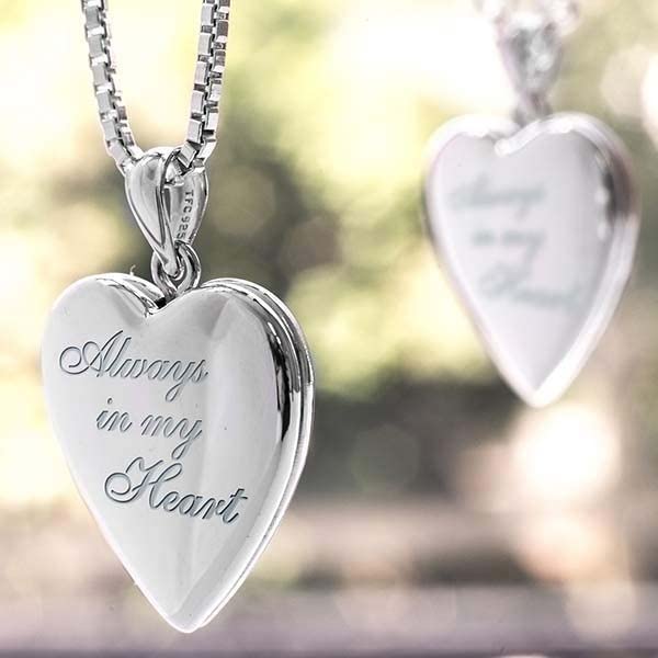 PicturesOnGold.com Always in My Heart Silver Heart Locket Pendant Necklace - 3/4 Inch X 3/4 Inch - Includes Sterling Silver 18 inch Cable Chain, Locket + 2 Photos + Engraving