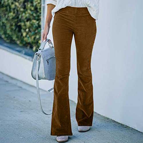 Amazon Deals for March Women Corduroy Flare Pants Elastic Waist Bell Bottom Trousers Solid Corduroy Pants Casual Corduroy Pants with Pocket Brown