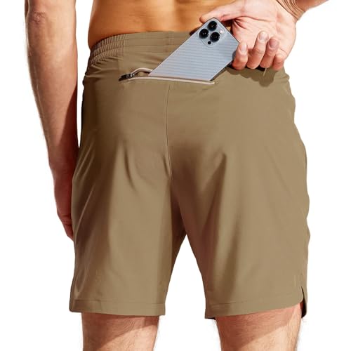 MIER Men's 7 inch Gym Shorts Quick Dry Running Workout Shorts with Pockets, Lightweight Athletic Shorts, Khaki, M