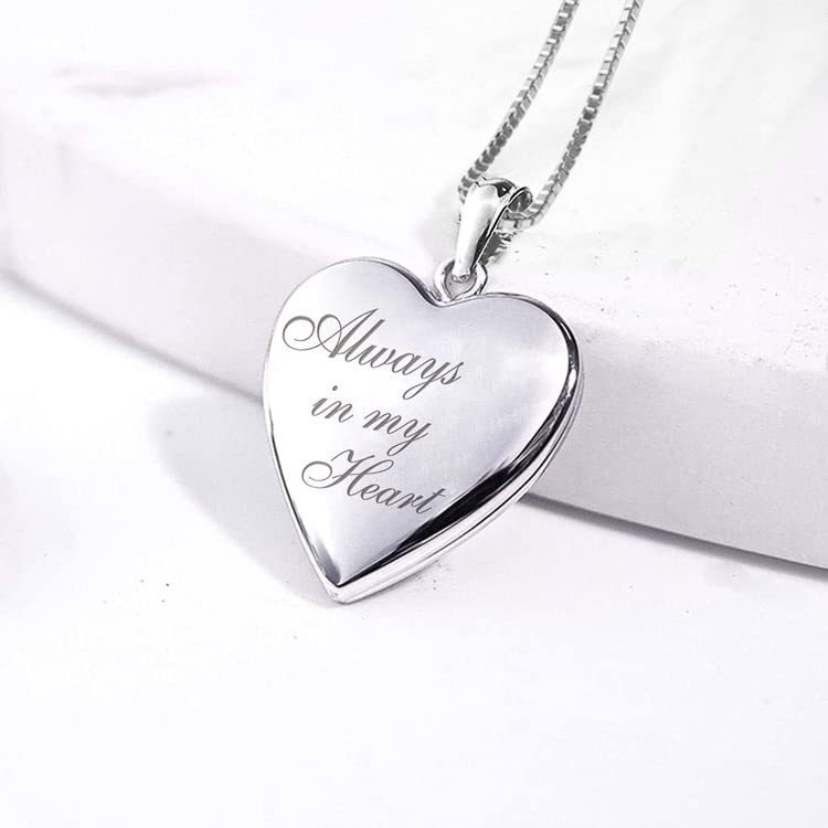 PicturesOnGold.com Always in My Heart Silver Heart Locket Pendant Necklace - 3/4 Inch X 3/4 Inch - Includes Sterling Silver 18 inch Cable Chain, Locket + 2 Photos + Engraving