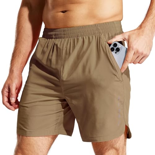 MIER Men's 7 inch Gym Shorts Quick Dry Running Workout Shorts with Pockets, Lightweight Athletic Shorts, Khaki, M