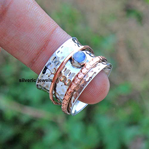 Rainbow moonstone ring Spinner 925 sterling silver ring Meditation Hammered ring Spinning ring family ring silver jewelry (7.5)