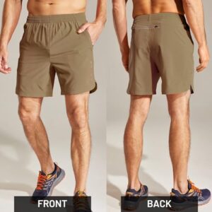 MIER Men's 7 inch Gym Shorts Quick Dry Running Workout Shorts with Pockets, Lightweight Athletic Shorts, Khaki, M