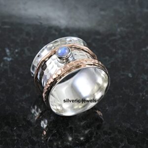 Rainbow moonstone ring Spinner 925 sterling silver ring Meditation Hammered ring Spinning ring family ring silver jewelry (7.5)