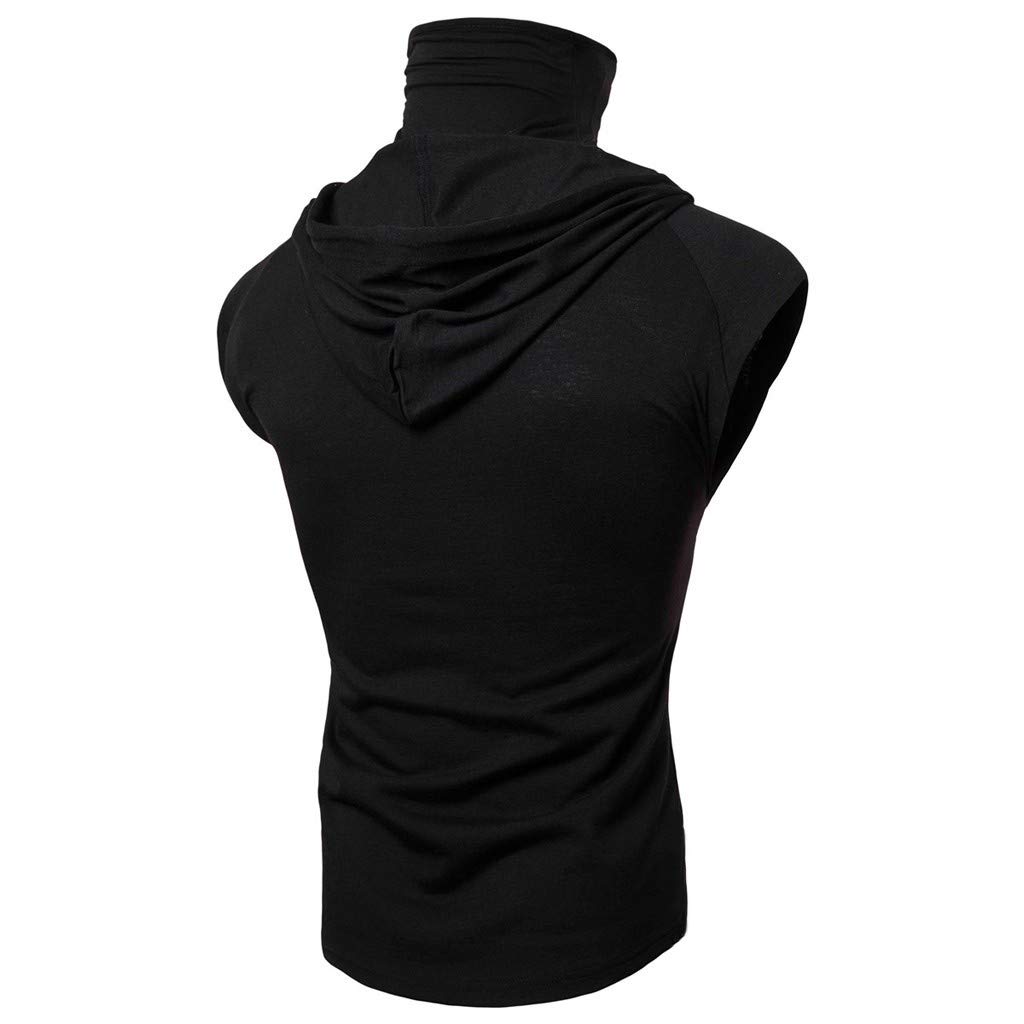 Mens Sleeveless Hoodie Shirts with Face Mask Turtleneck Compression Tank Tops Workout Gym Running Base Layer Sportswear (X-Large,Black)