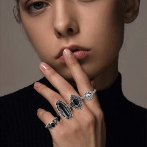 KISS WIFE Cool Rings Set for Women, Vintage Silver Punk Rings Bulk, Gothic Chunky Knuckle Emo Stackable Finger Ring Pack (Boho-2)