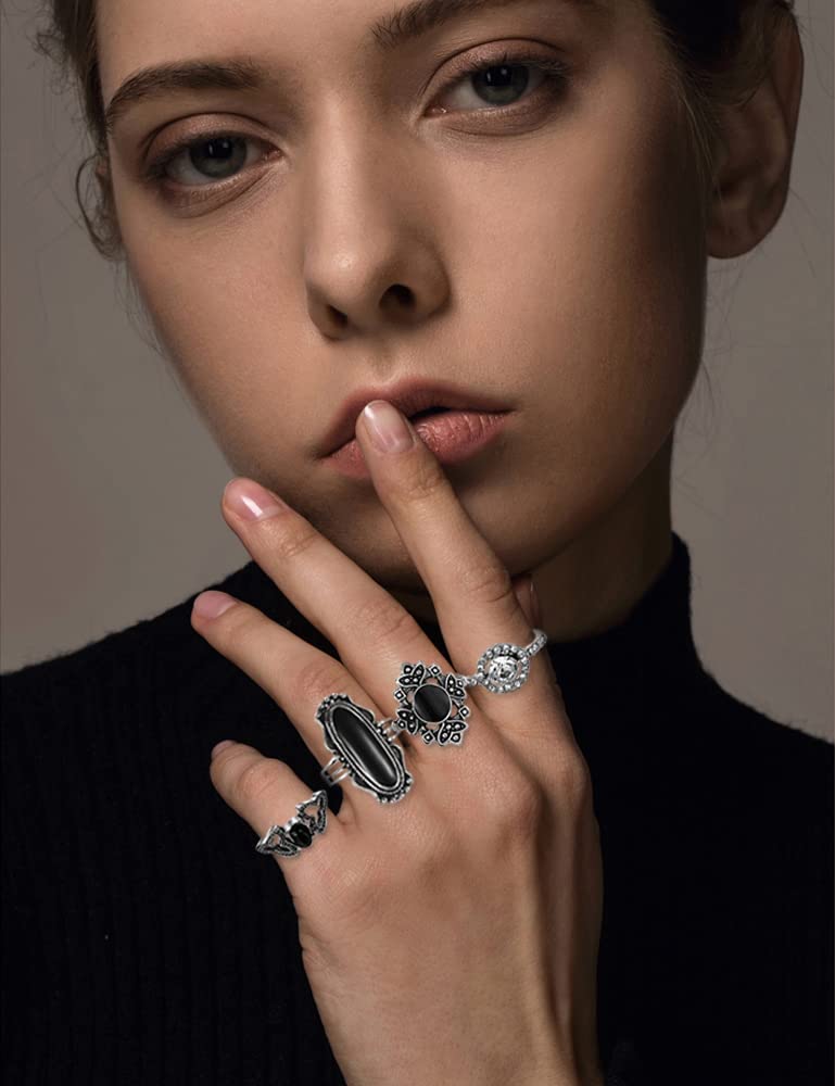 KISS WIFE Cool Rings Set for Women, Vintage Silver Punk Rings Bulk, Gothic Chunky Knuckle Emo Stackable Finger Ring Pack (Boho-2)