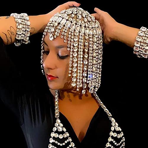 STONEFANS Vintage 1920s Rhinestone Headpiece Cap for Women Crystal Flapper Head Chain Hairpieces Gatsby Cleopatra Hair Accessories Silver