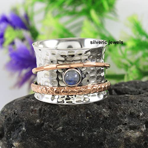 Rainbow moonstone ring Spinner 925 sterling silver ring Meditation Hammered ring Spinning ring family ring silver jewelry (7.5)