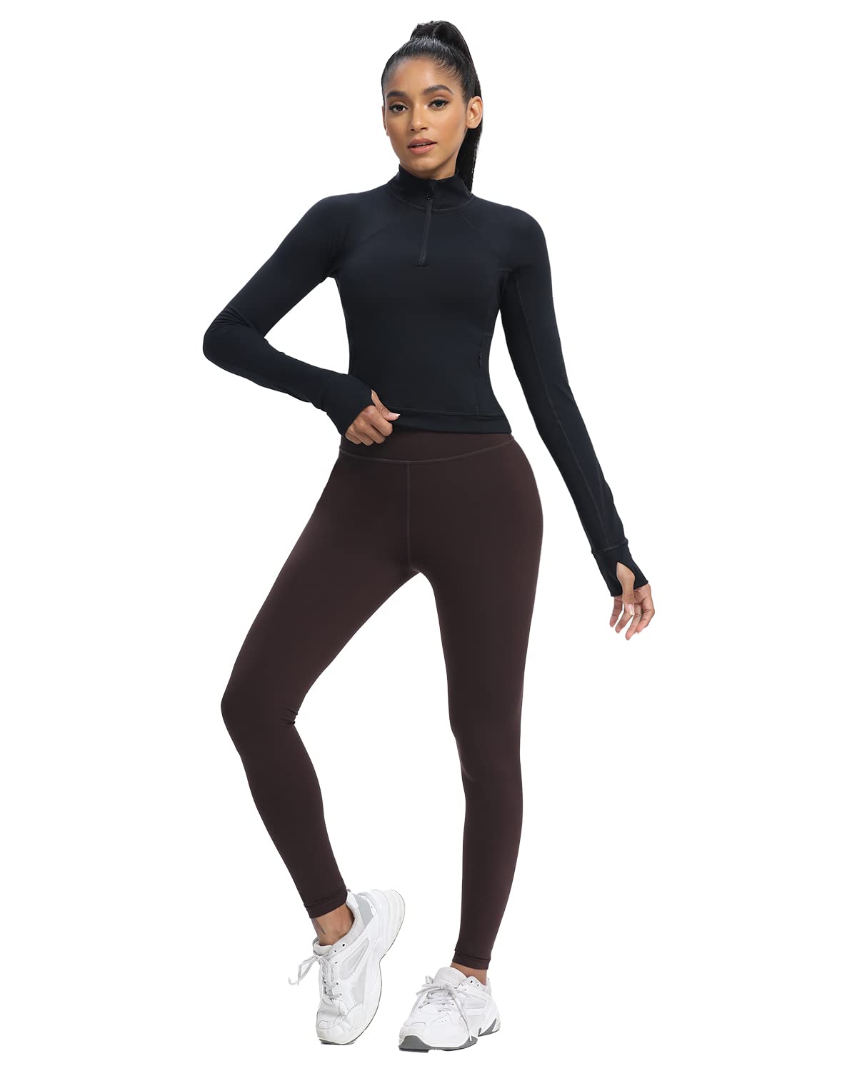 AVGO Long Sleeve Workout Shirts for Women Half Zip Pullover Cropped Sweatshirt Athletic Yoga Shirts(Black,Large)