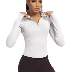 AVGO Workout Jackets for Women Slim Fit Cropped Running Jackets with Thumb Holes Half Zip Athletic Tops（White ，X-Small）