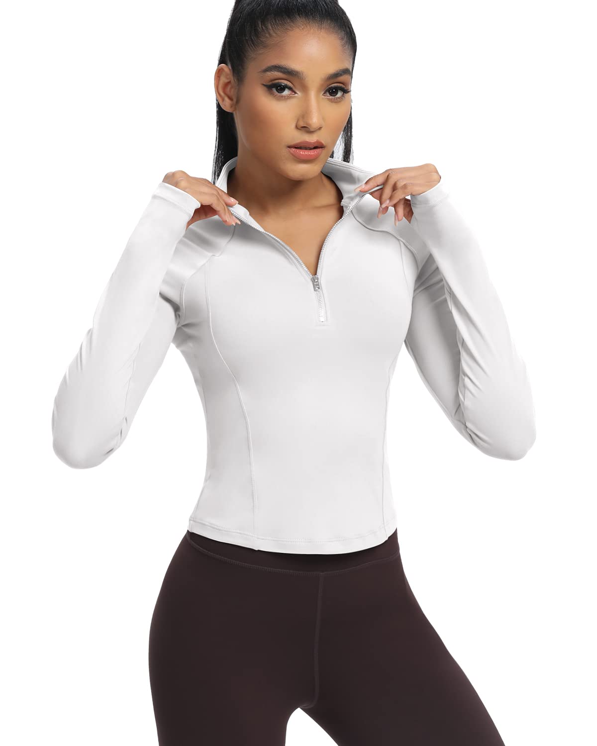 AVGO Workout Jackets for Women Slim Fit Cropped Running Jackets with Thumb Holes Half Zip Athletic Tops（White ，X-Small）