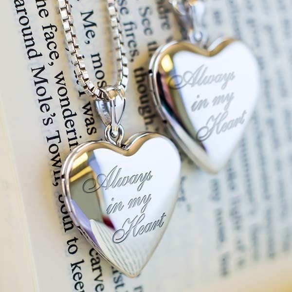 PicturesOnGold.com Always in My Heart Silver Heart Locket Pendant Necklace - 3/4 Inch X 3/4 Inch - Includes Sterling Silver 18 inch Cable Chain, Locket + 2 Photos + Engraving