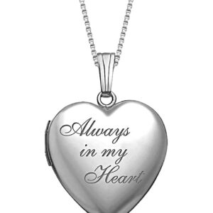 PicturesOnGold.com Always in My Heart Silver Heart Locket Pendant Necklace - 3/4 Inch X 3/4 Inch - Includes Sterling Silver 18 inch Cable Chain, Locket + 2 Photos + Engraving