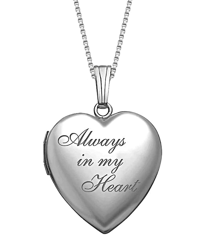 PicturesOnGold.com Always in My Heart Silver Heart Locket Pendant Necklace - 3/4 Inch X 3/4 Inch - Includes Sterling Silver 18 inch Cable Chain, Locket + 2 Photos + Engraving