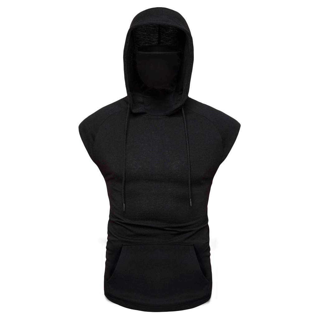 Mens Sleeveless Hoodie Shirts with Face Mask Turtleneck Compression Tank Tops Workout Gym Running Base Layer Sportswear (X-Large,Black)