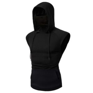 Mens Sleeveless Hoodie Shirts with Face Mask Turtleneck Compression Tank Tops Workout Gym Running Base Layer Sportswear (X-Large,Black)