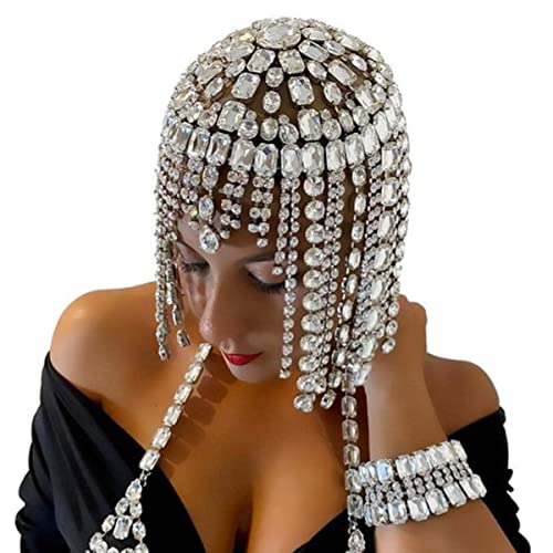 STONEFANS Vintage 1920s Rhinestone Headpiece Cap for Women Crystal Flapper Head Chain Hairpieces Gatsby Cleopatra Hair Accessories Silver