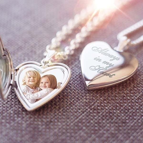 PicturesOnGold.com Always in My Heart Silver Heart Locket Pendant Necklace - 3/4 Inch X 3/4 Inch - Includes Sterling Silver 18 inch Cable Chain, Locket + 2 Photos + Engraving