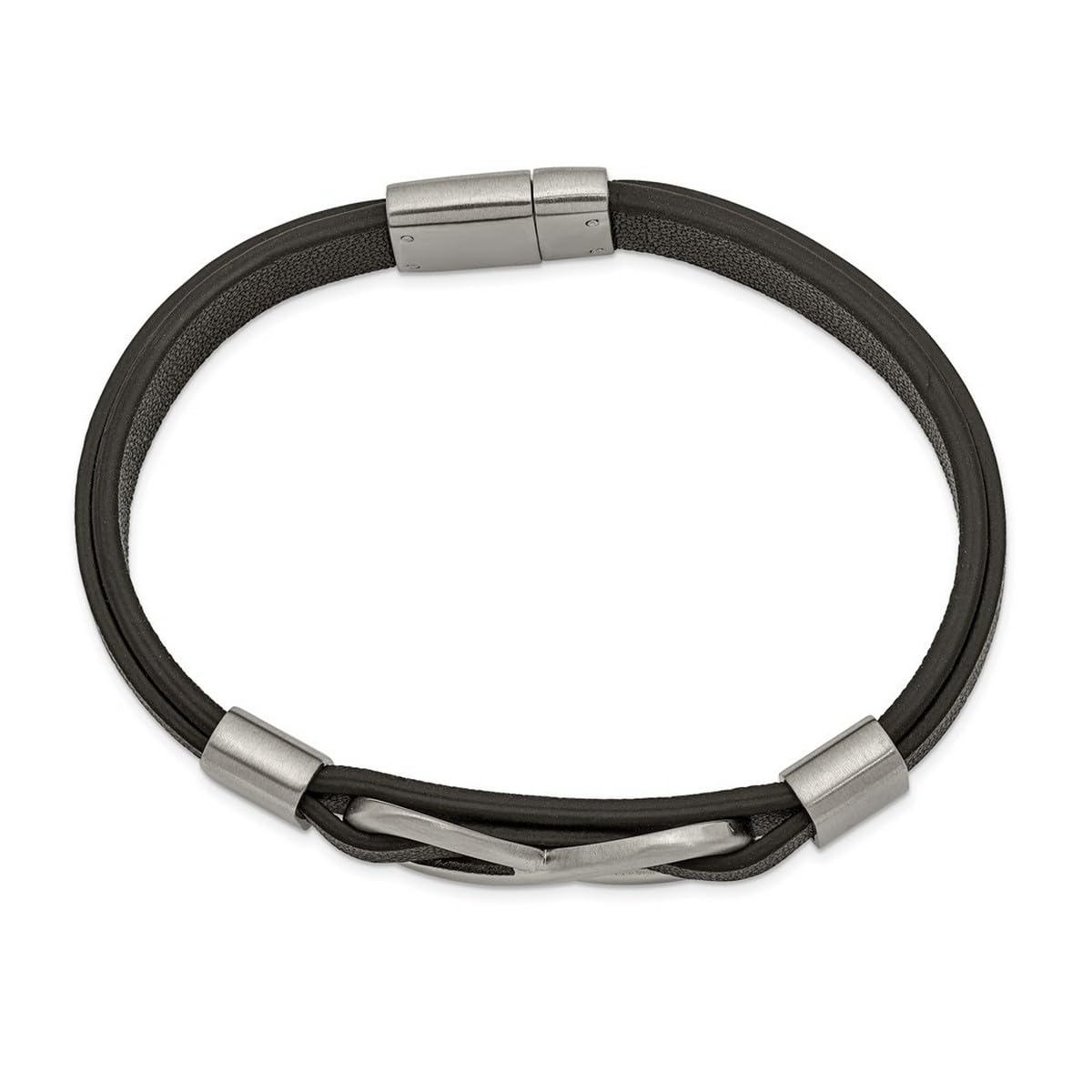 9.2mm Chisel Stainless Steel Brushed and Polished Infinity Symbol Black Leather Bracelet 8 Inch Jewelry for Women