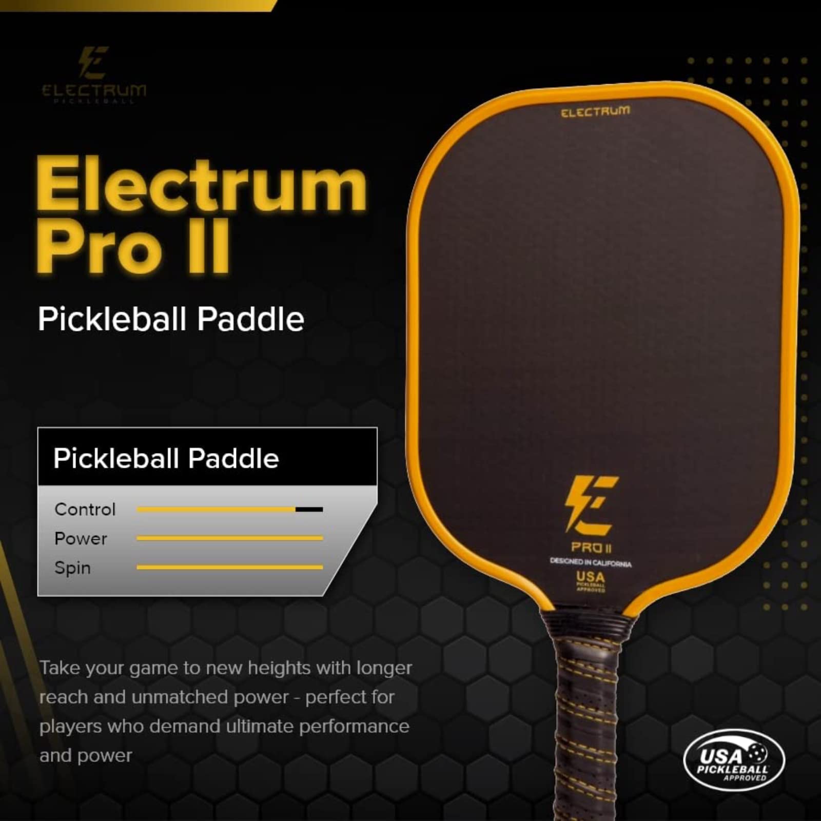 Electrum Pro II Pickleball Paddle USAPA Approved | Carbon Fiber Surface | Polypropylene Honeycomb Core | Best Paddle for Spin and Power | Lightweight