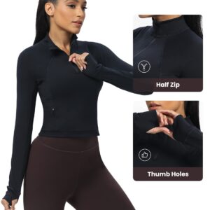 AVGO Long Sleeve Workout Shirts for Women Half Zip Pullover Cropped Sweatshirt Athletic Yoga Shirts(Black,Large)