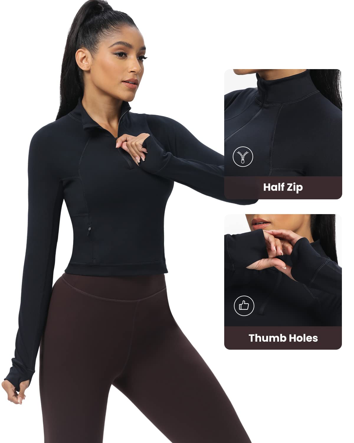 AVGO Long Sleeve Workout Shirts for Women Half Zip Pullover Cropped Sweatshirt Athletic Yoga Shirts(Black,Large)