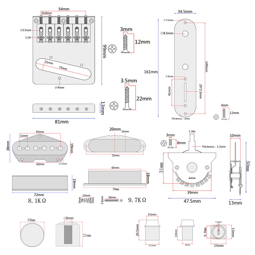 Ogdni 6 Strings Saddle Bridge Plate, 3 Way Switch Control Plate Guitar Neck Pickup Set for Telecaster Electric Guitars Replacement Black