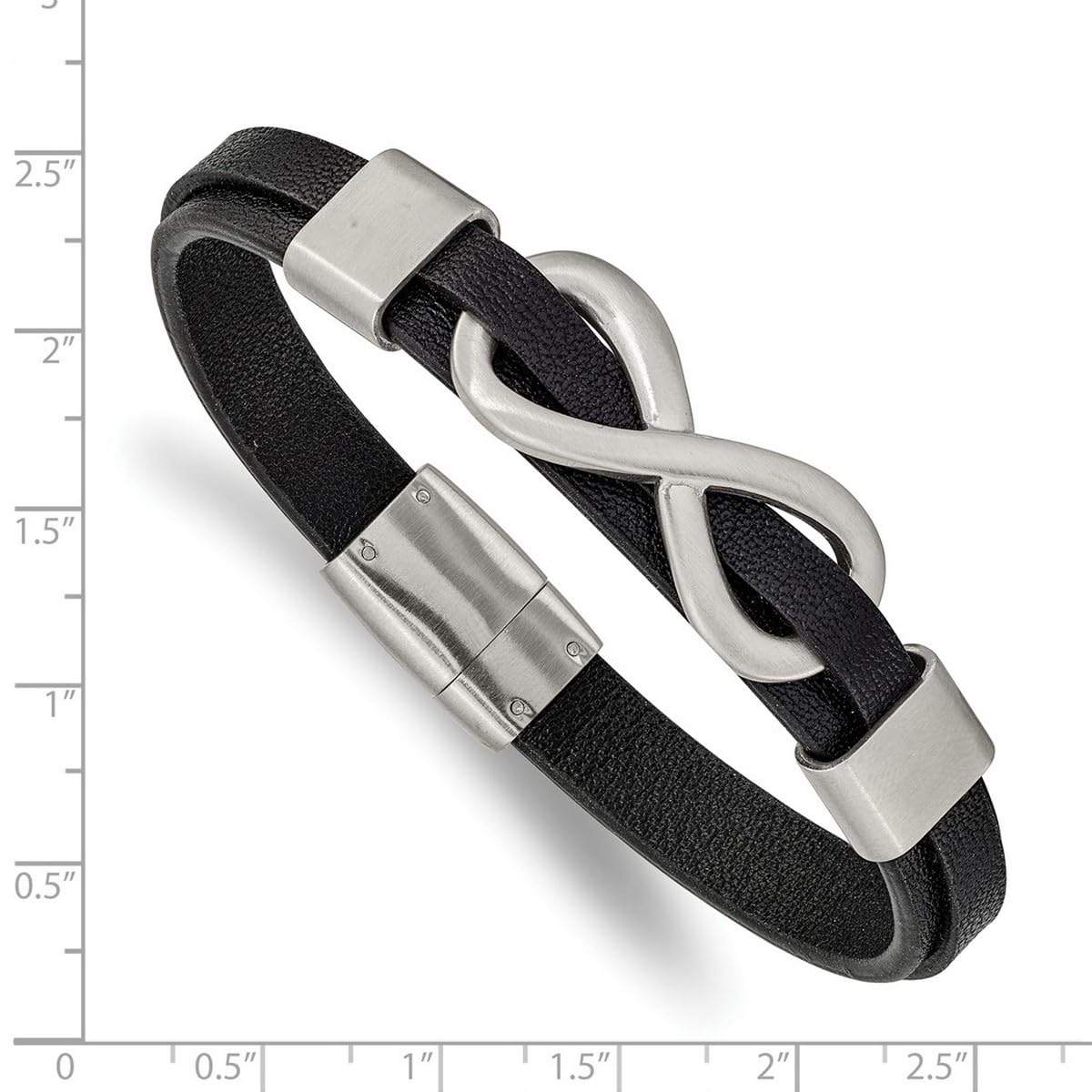 9.2mm Chisel Stainless Steel Brushed and Polished Infinity Symbol Black Leather Bracelet 8 Inch Jewelry for Women