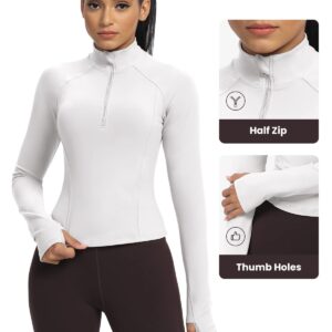 AVGO Workout Jackets for Women Slim Fit Cropped Running Jackets with Thumb Holes Half Zip Athletic Tops（White ，X-Small）