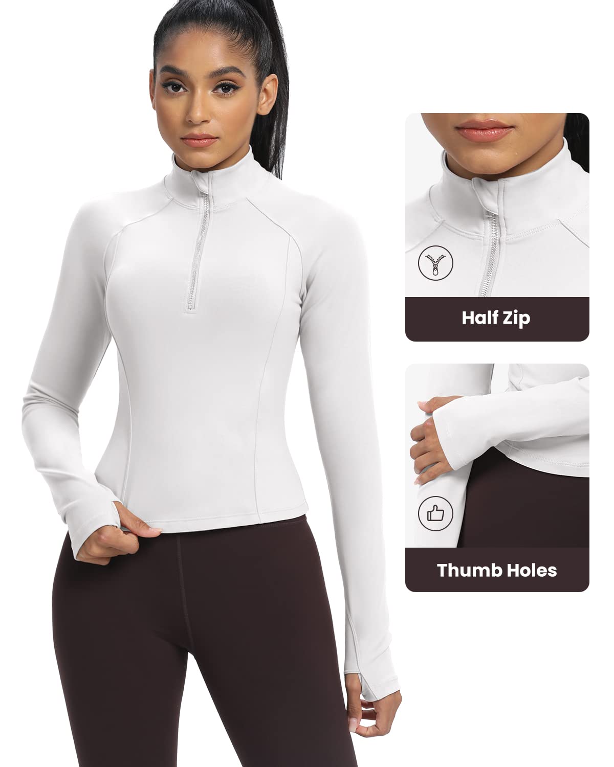 AVGO Workout Jackets for Women Slim Fit Cropped Running Jackets with Thumb Holes Half Zip Athletic Tops（White ，X-Small）