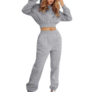 MakeMeChic Women's Sweatsuits 2 Piece Outfits Cropped Hoodie Pullover Top and Jogger Sweatpants Set Light Grey S