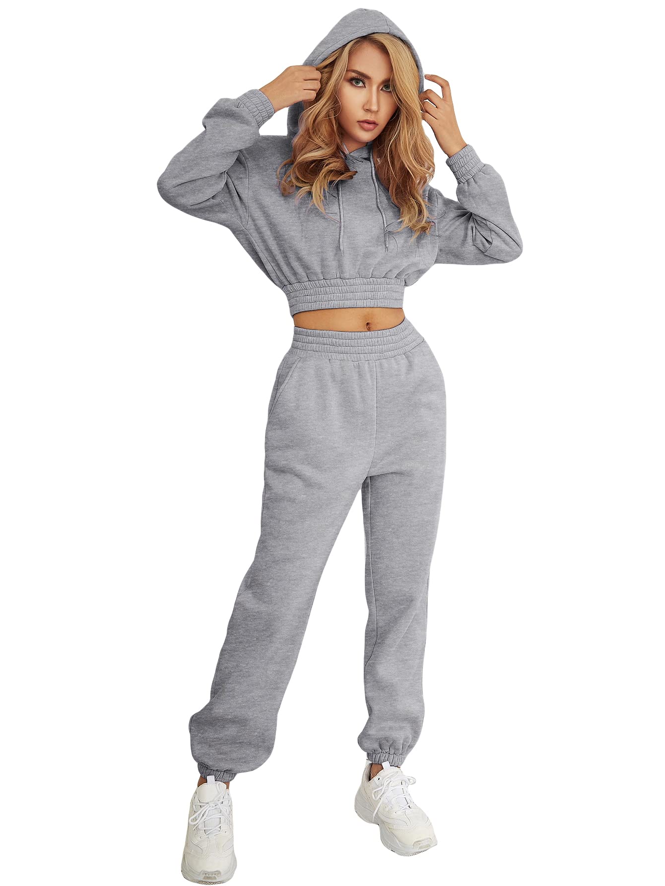 MakeMeChic Women's Sweatsuits 2 Piece Outfits Cropped Hoodie Pullover Top and Jogger Sweatpants Set Light Grey S