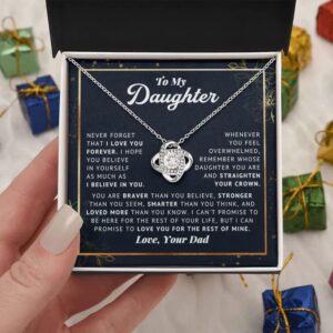 To My Daughter Believe In Yourself Love Knot Necklace Father Daughter Gifts From Dad, Daughter Birthday Card Gift Jewelry Pendent Necklace with Message Card, Metal, Cubic Zirconia