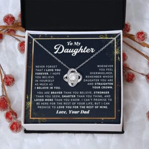 To My Daughter Believe In Yourself Love Knot Necklace Father Daughter Gifts From Dad, Daughter Birthday Card Gift Jewelry Pendent Necklace with Message Card, Metal, Cubic Zirconia