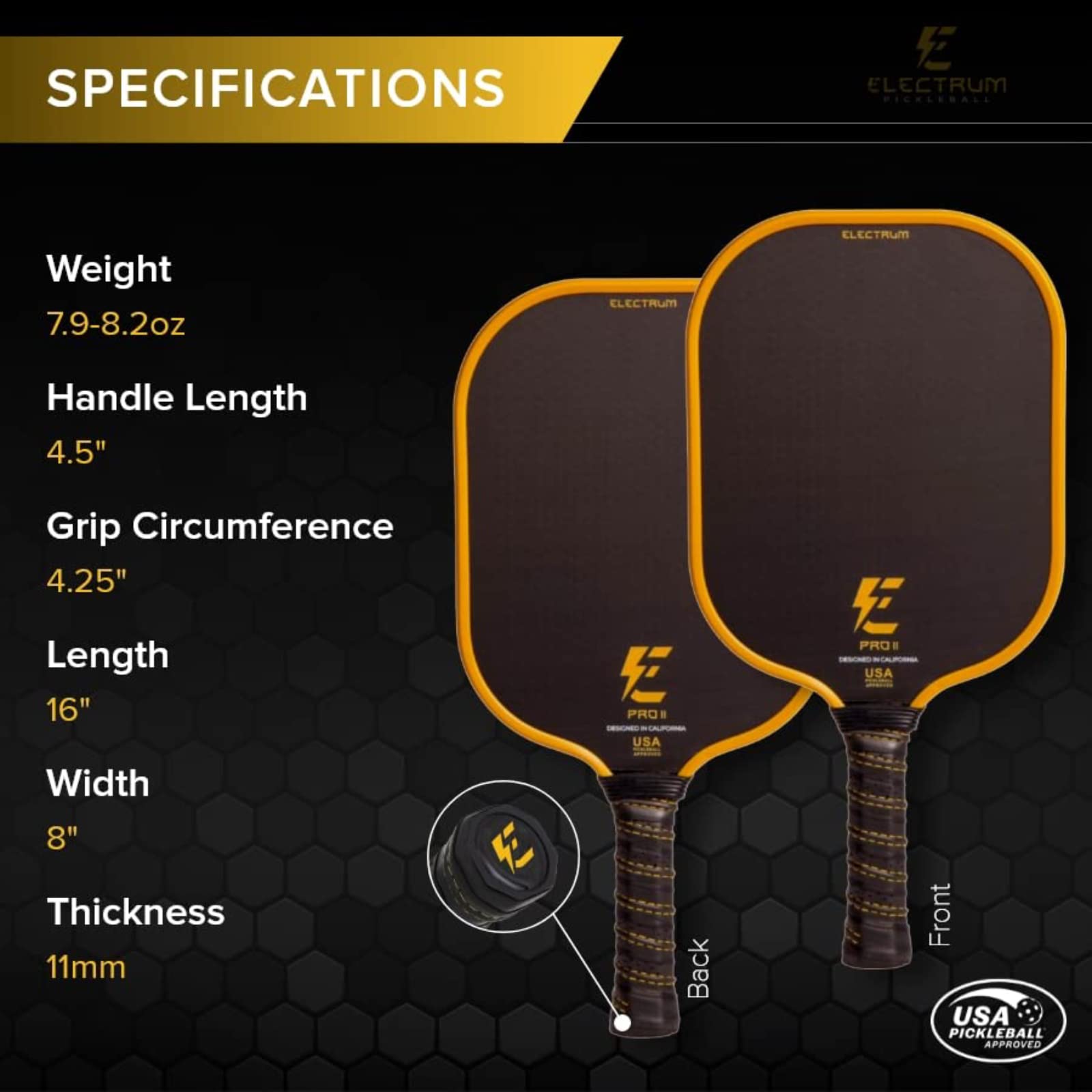 Electrum Pro II Pickleball Paddle USAPA Approved | Carbon Fiber Surface | Polypropylene Honeycomb Core | Best Paddle for Spin and Power | Lightweight