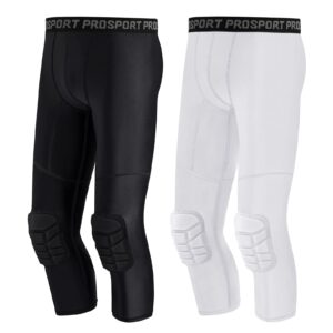 Blaward 2 Pack Men's Basketball Pants with Knee Pads 3/4 Capri Padded Compression Tights Leggings Sports Athletic Baselayer