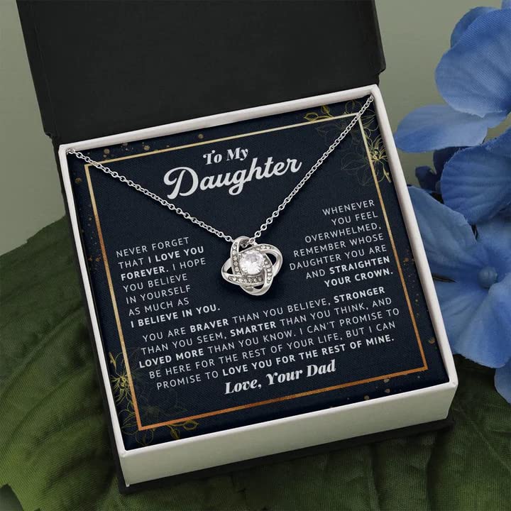 To My Daughter Believe In Yourself Love Knot Necklace Father Daughter Gifts From Dad, Daughter Birthday Card Gift Jewelry Pendent Necklace with Message Card, Metal, Cubic Zirconia