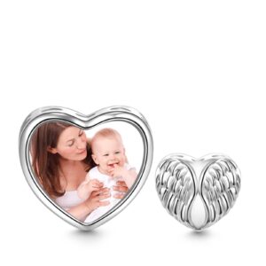 gnoce "guardian angel wings custom photo charm 925 sterling silver personalized heart charms jewelry gift for women wife fit snake chain bracelets/necklace