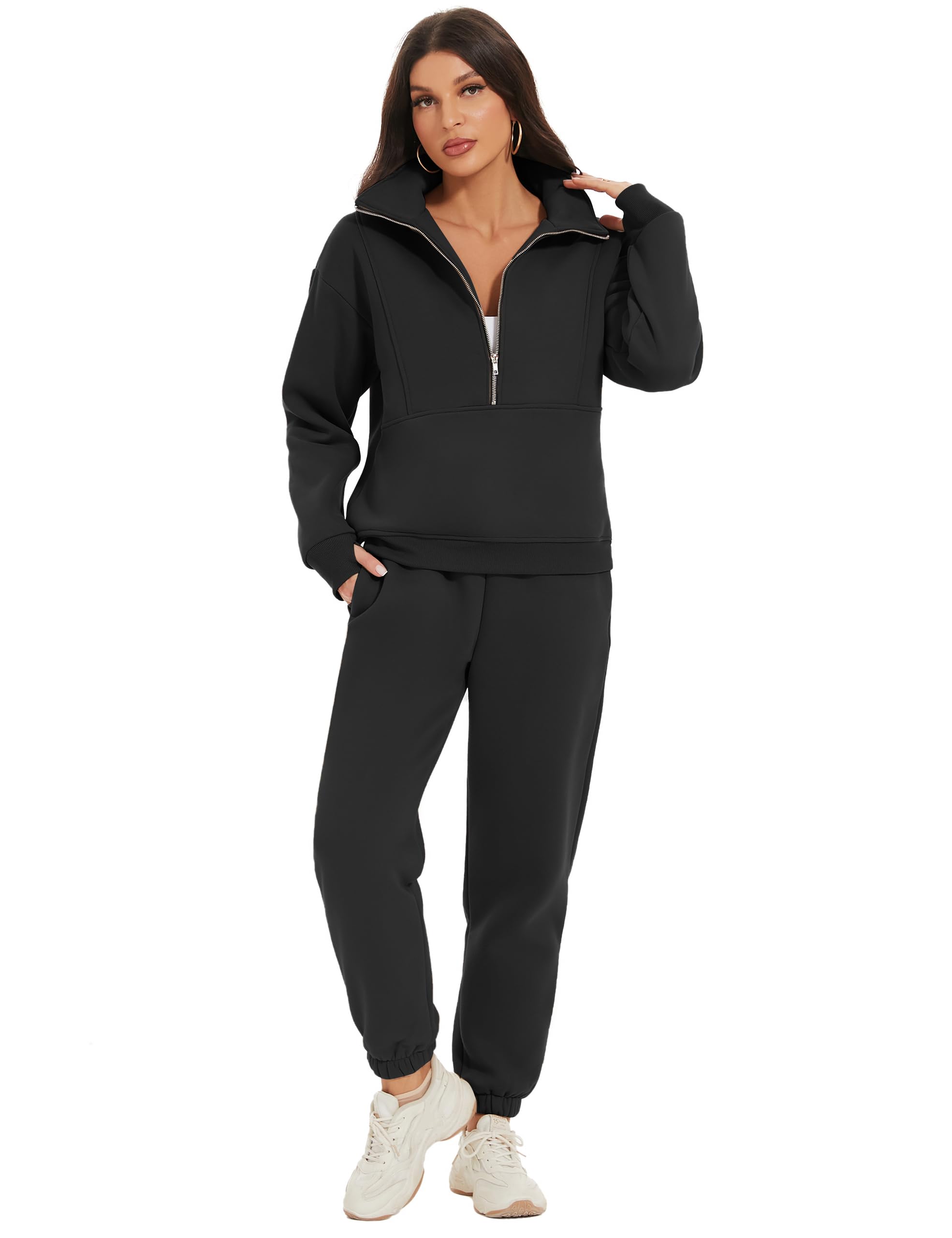 COZYPOIN Women Fleece 2 Piece Outfit Half Zip Sweatshirt and Joggers Sweatpants Y2K Set Tracksuit(Black-M)