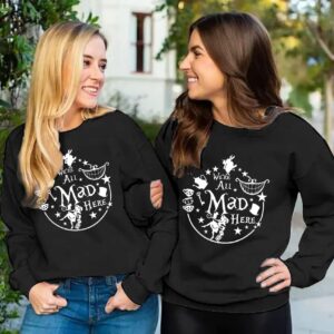 ASTANFY Alice in Wonderland Sweatshirt Women Vintage Mad Hatter Shirt Magic Kingdom Pullover Vacation Long Sleeve Tops Black