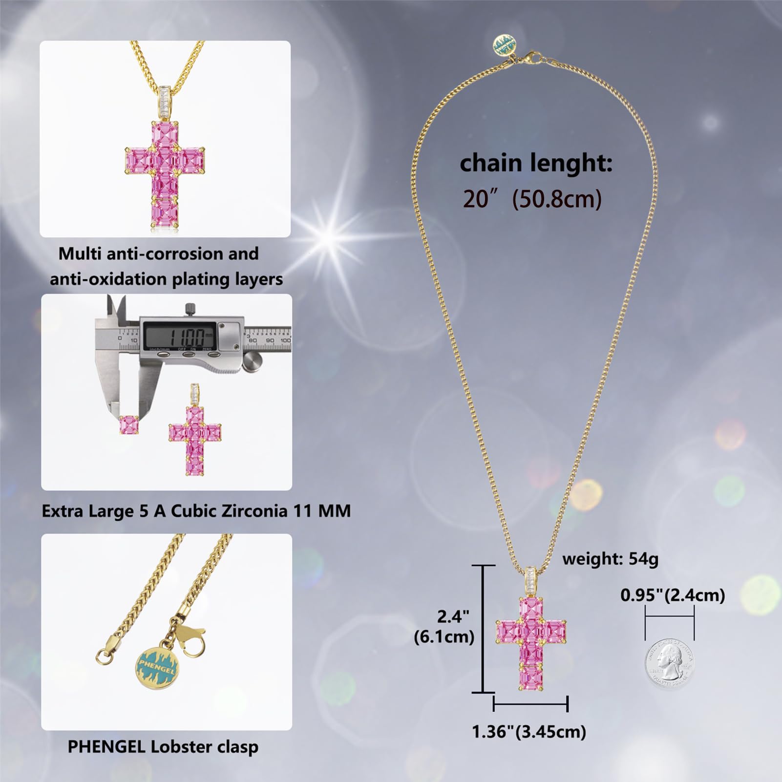 PHENGEL 12 month birthday stone 11 MM Extra Large 5A Cubic Zirconia Cz Cross Religious Pendant gorgeous Necklace (14K-Gold-06-Jun)