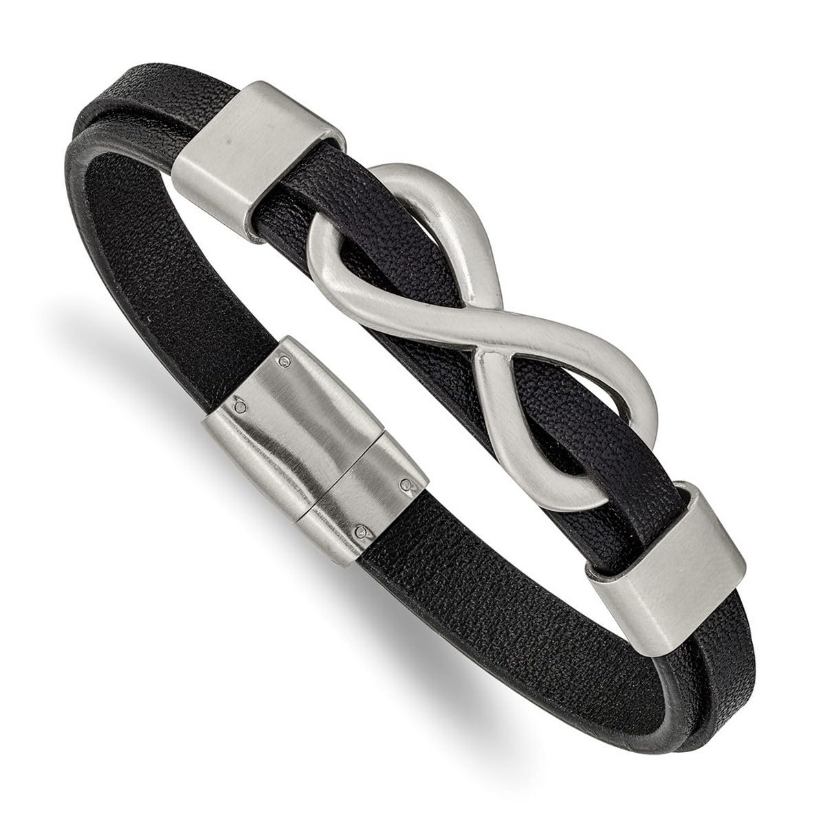 9.2mm Chisel Stainless Steel Brushed and Polished Infinity Symbol Black Leather Bracelet 8 Inch Jewelry for Women