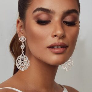 Gold Rhinestone Wedding Bridal Chandelier Dangle Earrings Sparkly Crystal Long Teardrop Statement Earrings for Women Brides Pageant Prom