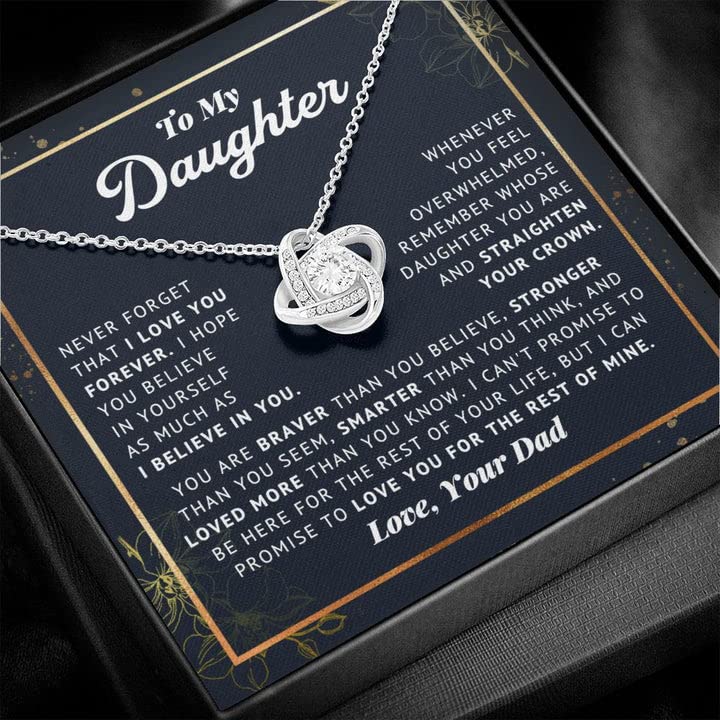 To My Daughter Believe In Yourself Love Knot Necklace Father Daughter Gifts From Dad, Daughter Birthday Card Gift Jewelry Pendent Necklace with Message Card, Metal, Cubic Zirconia