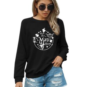 ASTANFY Alice in Wonderland Sweatshirt Women Vintage Mad Hatter Shirt Magic Kingdom Pullover Vacation Long Sleeve Tops Black