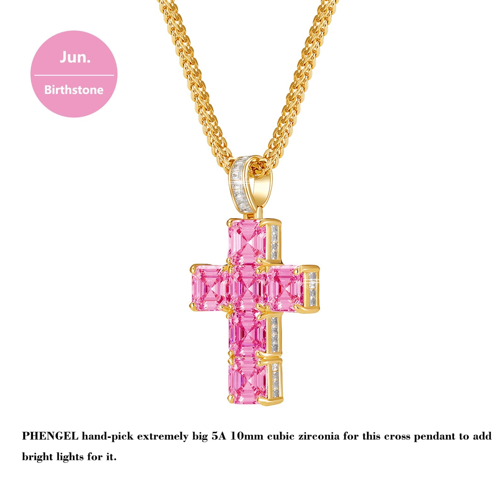 PHENGEL 12 month birthday stone 11 MM Extra Large 5A Cubic Zirconia Cz Cross Religious Pendant gorgeous Necklace (14K-Gold-06-Jun)