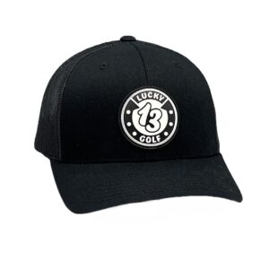 lucky 13 golf black hat w/white logo pvc patch