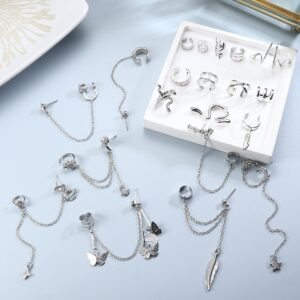 FUNRUN JEWELRY 20 Pcs Ear Cuff Earrings for Women Cuff Chain Earrings Helix Cartilage Cuff Wrap Earring Non Piercing Earring Jewelry(Silver)